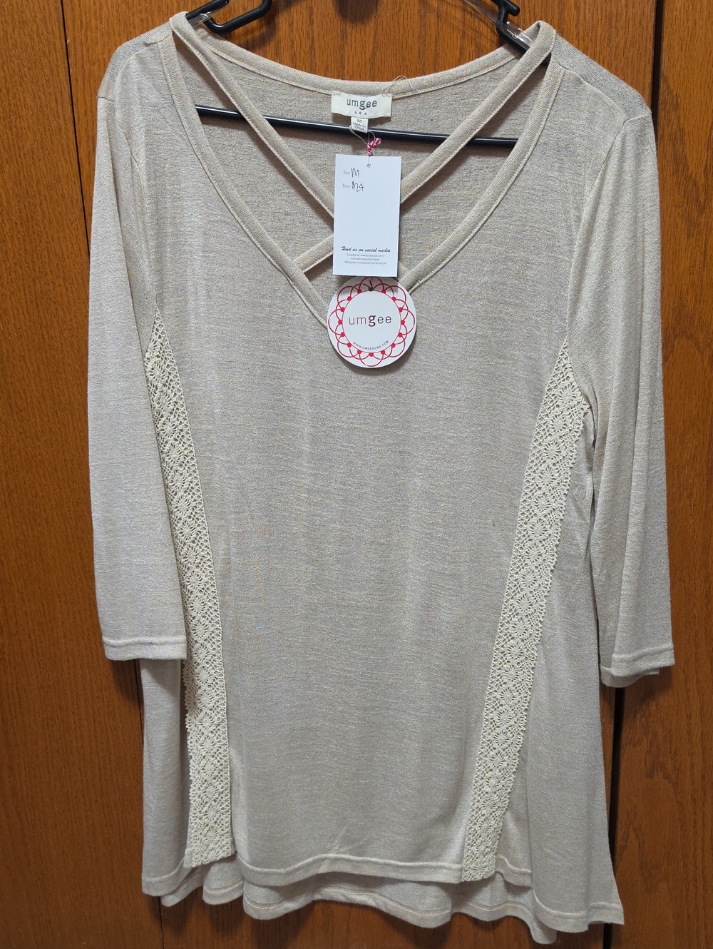 Umgee Cream Lace-Panel V-Neck Tunic with Cross-Strap Detail